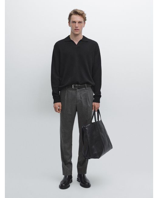 MASSIMO DUTTI Black Wool Blend Flannel Trousers With Darts for men