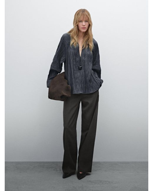 MASSIMO DUTTI Gray Fließendes Plissée-Hemd