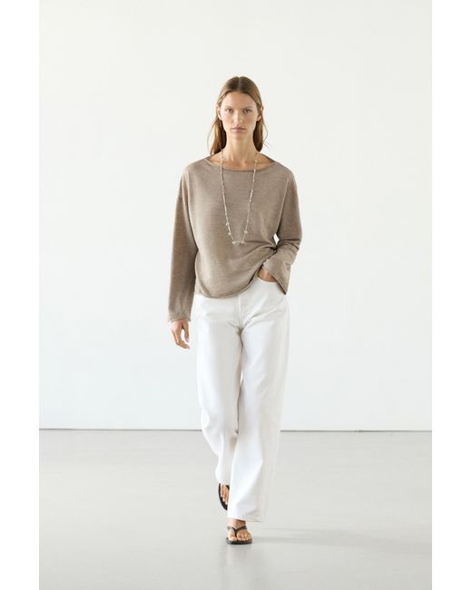MASSIMO DUTTI Brown Linen Boat Neck Knit Sweater