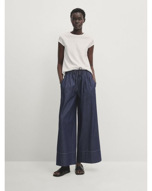 MASSIMO DUTTI Blue Wide-Leg Jeans With Drawstring Detail