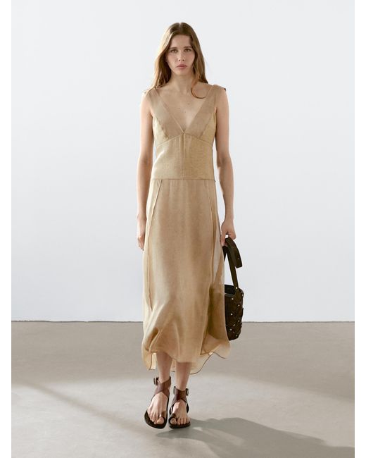 MASSIMO DUTTI Natural Flowing V-Neck Midi Dress
