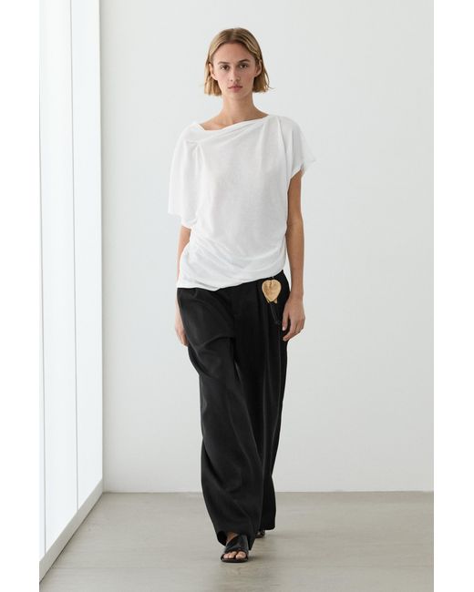 MASSIMO DUTTI White Flowing Short Sleeve Crepe-Effect T-Shirt