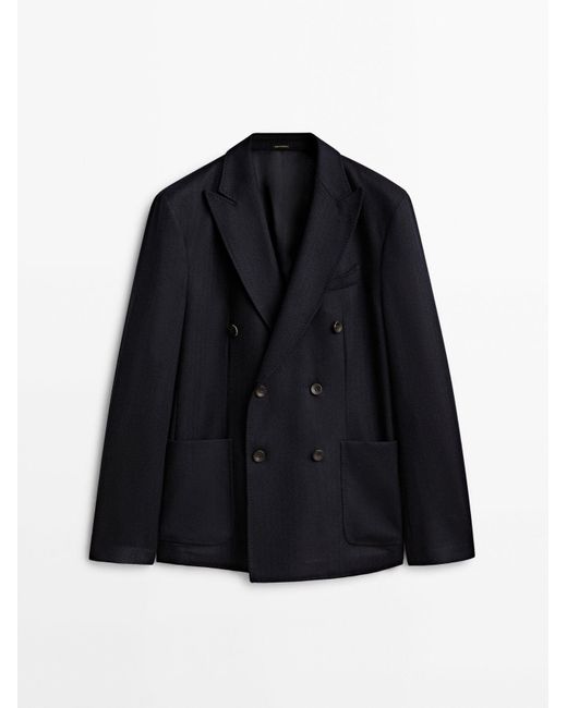 MASSIMO DUTTI Navy Blue Wool Double-breasted Blazer - Limited Edition ...