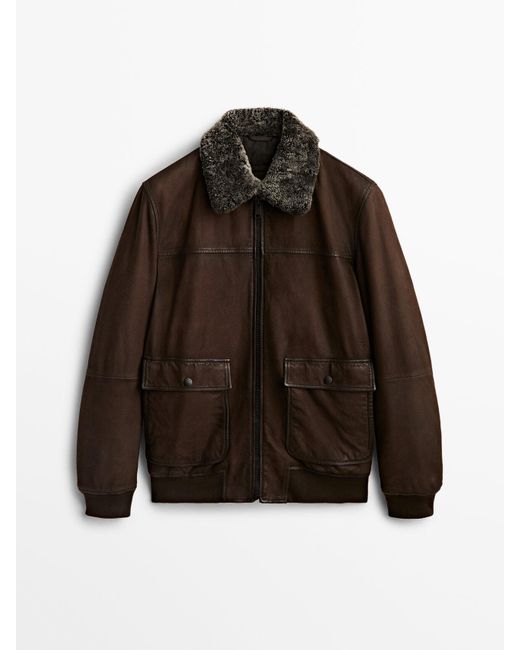 MASSIMO DUTTI Nubuck Bomber Jacket With Sheepskin Collar in Washed