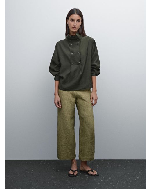 MASSIMO DUTTI Green Flowing 100% Linen Trousers