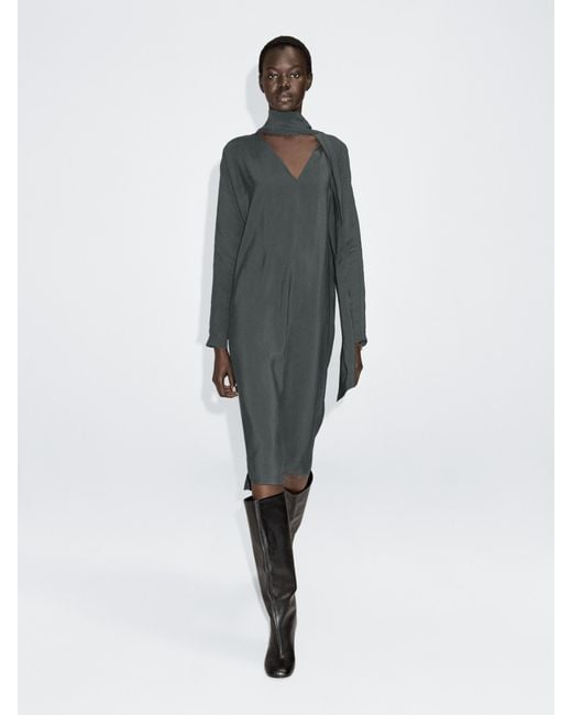 MASSIMO DUTTI Multicolor V-Neckline Midi Dress With Tie Detail