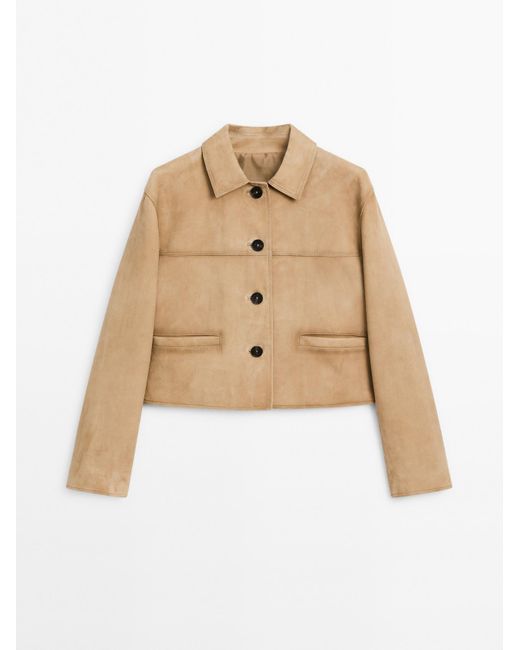 MASSIMO DUTTI Kort Suède Leren Jack Met Sierstiksel in het Natural