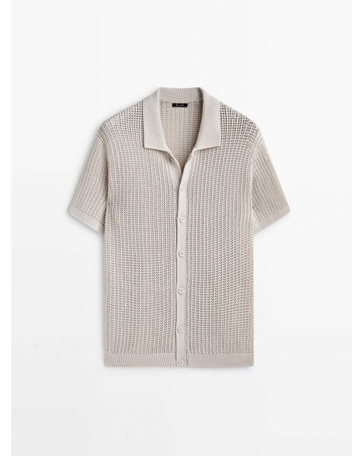MASSIMO DUTTI White Crochet Knit Shirt With Short Sleeves And Buttons for men