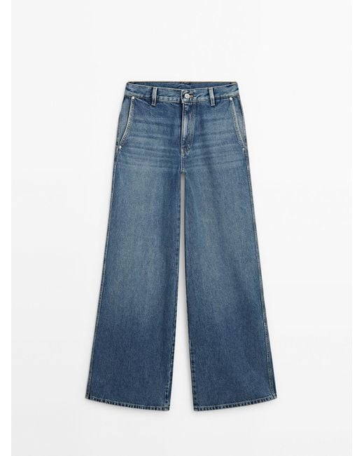 MASSIMO DUTTI Blue Faded Wide-Leg Relaxed Fit Jeans