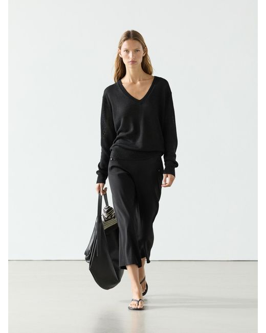 Maglia Con Scollo A V 100% Lino di MASSIMO DUTTI in Black