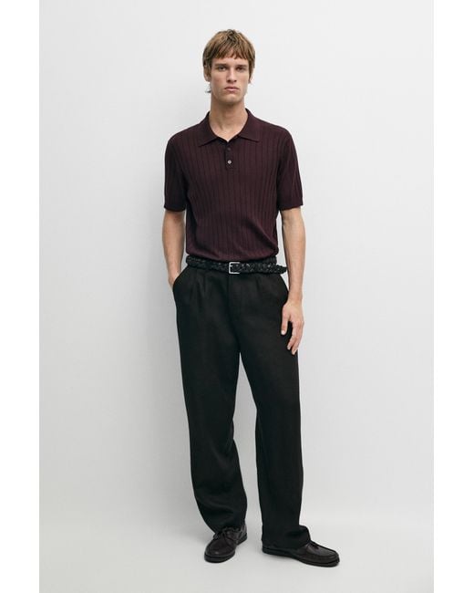 MASSIMO DUTTI Red Ribbed Knit Cotton Blend Polo Shirt for men