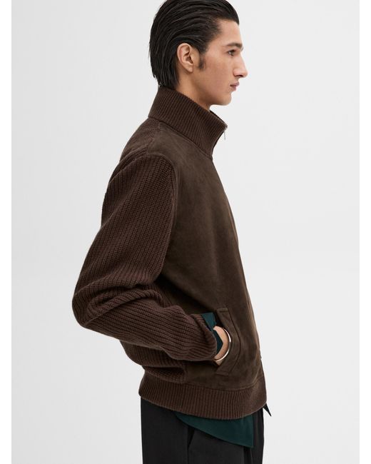 MASSIMO DUTTI Black Contrast Knit Suede Leather Jacket for men
