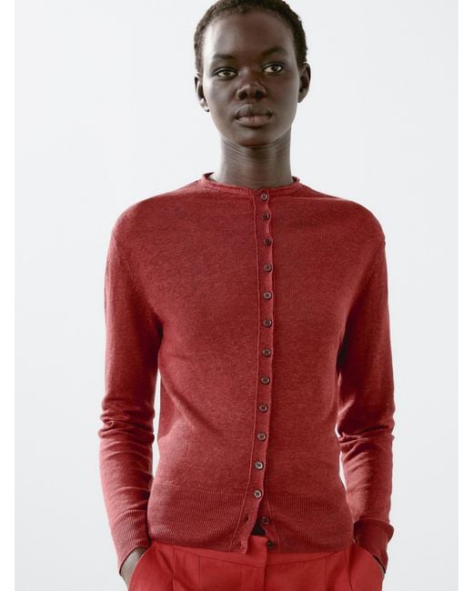 MASSIMO DUTTI Red Long Sleeve Linen Cardigan