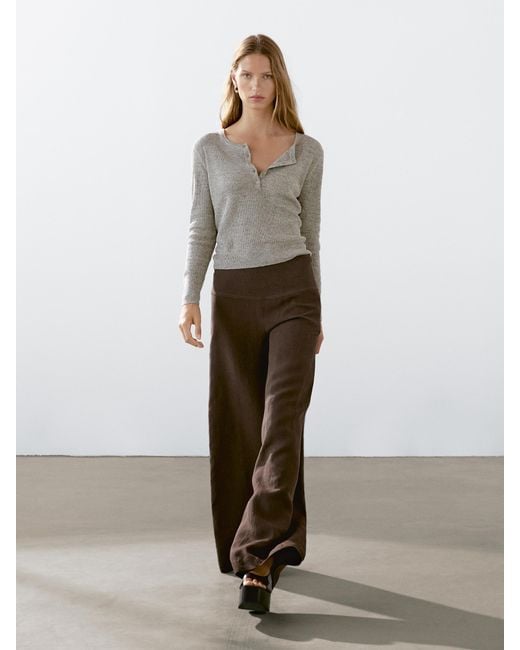 MASSIMO DUTTI Brown High-Waist Wide-Leg Linen Trousers