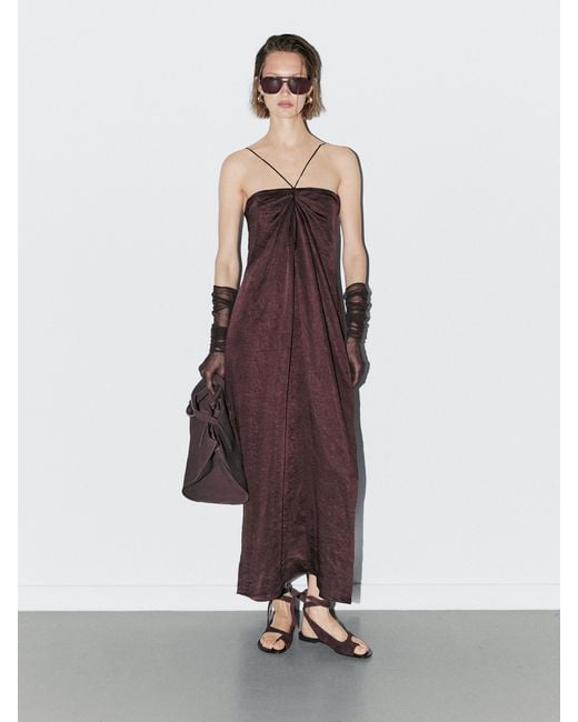 MASSIMO DUTTI White Draped Satin Midi Dress