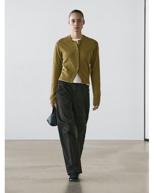 MASSIMO DUTTI Green Wool Knit Cardigan With Covered Buttons