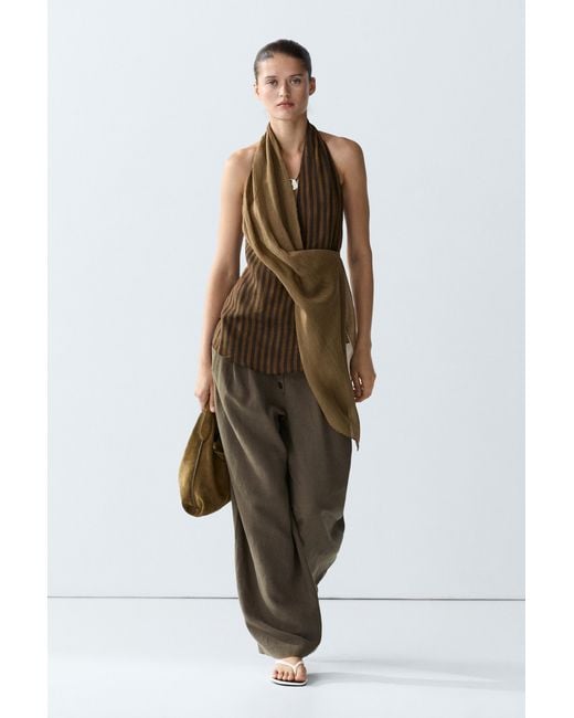 MASSIMO DUTTI Green Flowing Striped Halter Top Total Look
