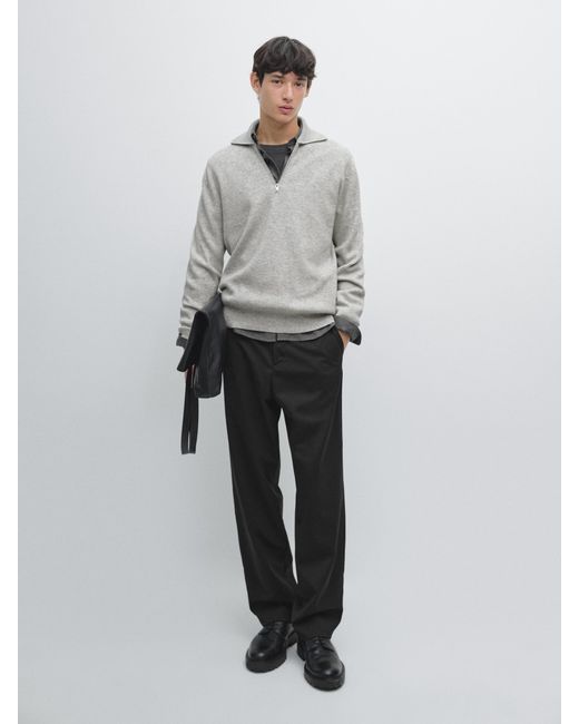 MASSIMO DUTTI Gray Mock Neck Knit Sweater With Zip for men