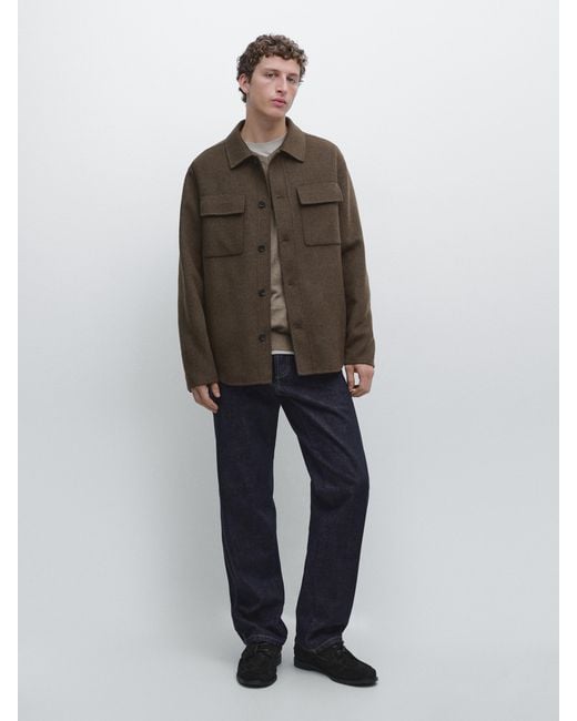 MASSIMO DUTTI Green Wool Blend Overshirt With Pockets for men