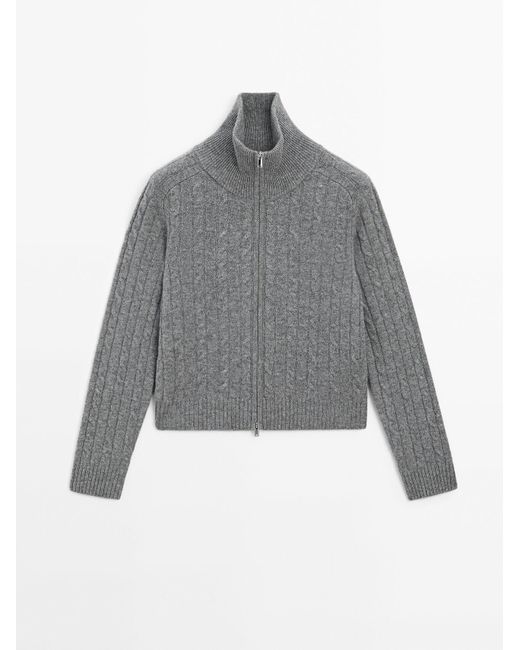 MASSIMO DUTTI Gray 100% Wool Cable-Knit Cardigan