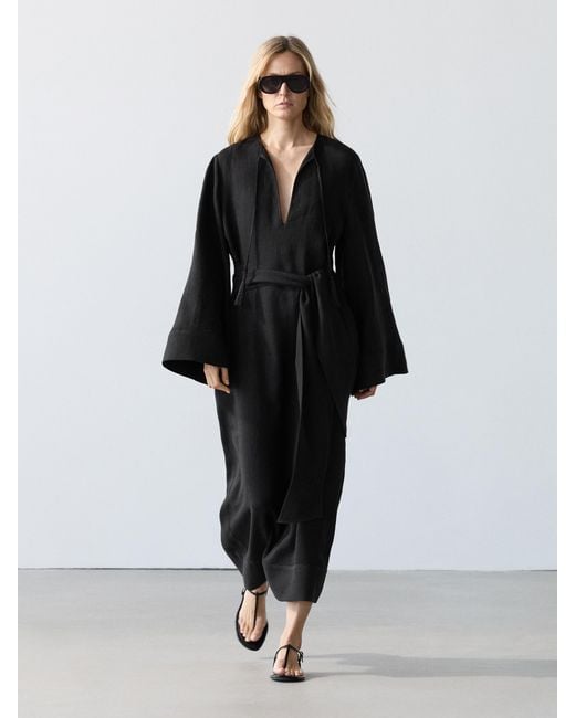 MASSIMO DUTTI Black 100% Linen Midi Dress With Tie Detail