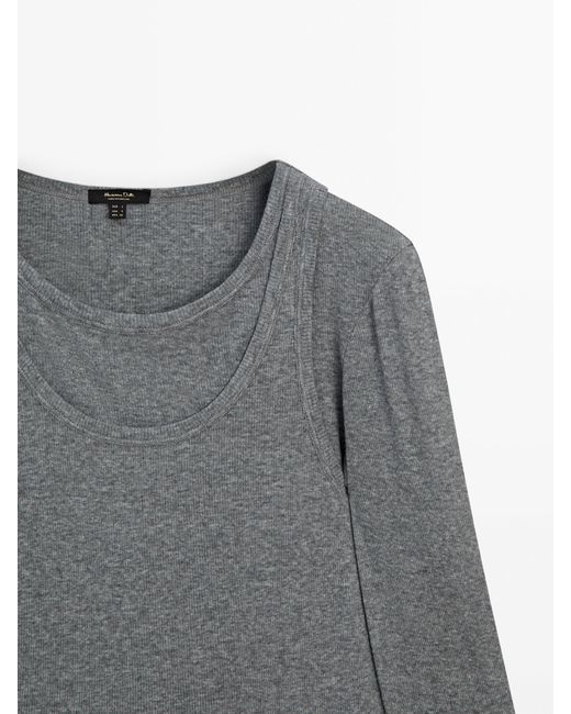 MASSIMO DUTTI Gray Ribbed Long Sleeve Double T-Shirt