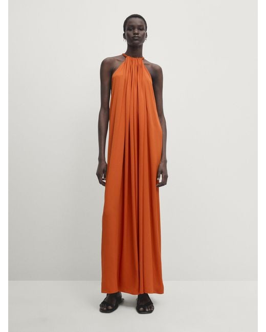 MASSIMO DUTTI White Dress With Gathered Neckline And Back Tie
