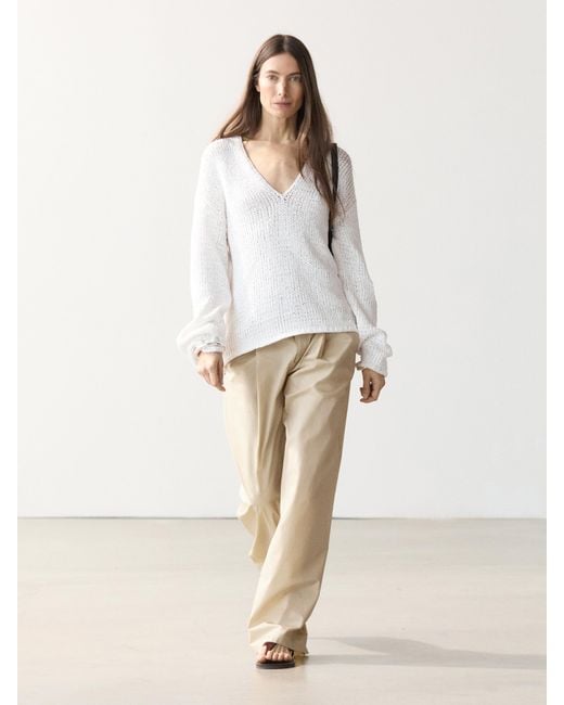 MASSIMO DUTTI Natural Cutwork V-Neck Knit Sweater