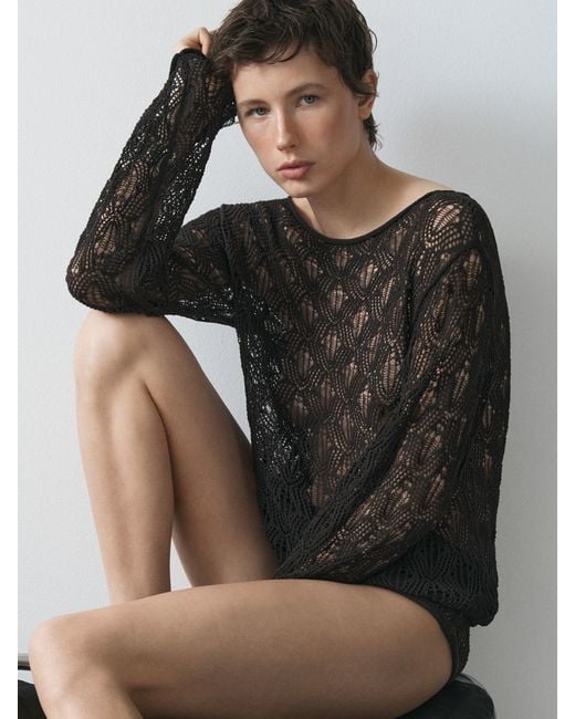 MASSIMO DUTTI Black Boat Neck Sweater With Openwork Detail
