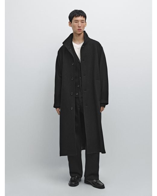 MASSIMO DUTTI Black Long High Neck Wool Coat for men