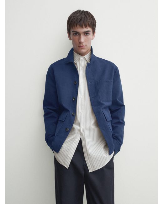 MASSIMO DUTTI Blue Cotton And Linen Blend Overshirt for men