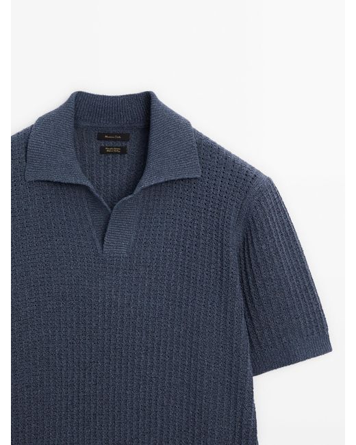 MASSIMO DUTTI Blue Textured Short Sleeve Polo Sweater for men