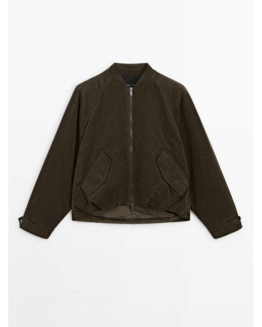 MASSIMO DUTTI Green Quilted Corduroy Bomber Jacket