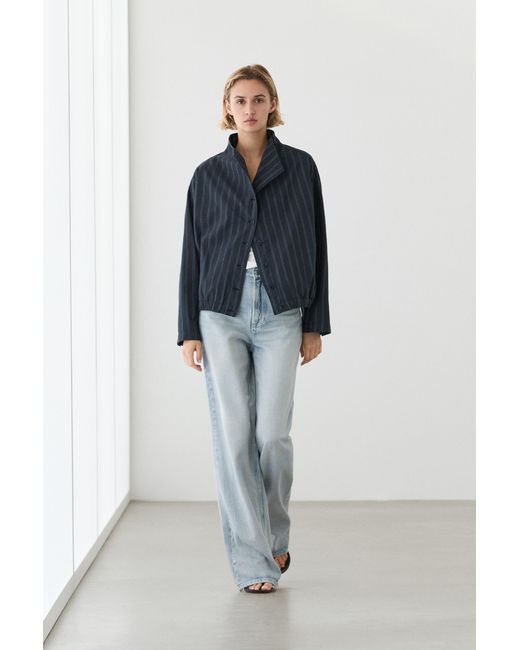 MASSIMO DUTTI Blue Striped High Neck Bomber Jacket