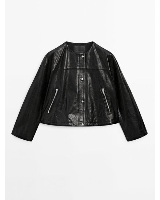 MASSIMO DUTTI Black Crew Neck Nappa Leather Jacket