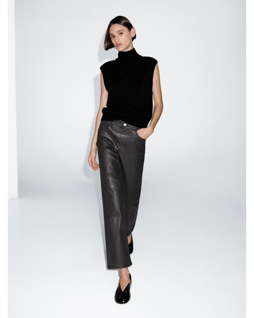 MASSIMO DUTTI Black High-Waist Straight-Leg Waxed Trousers