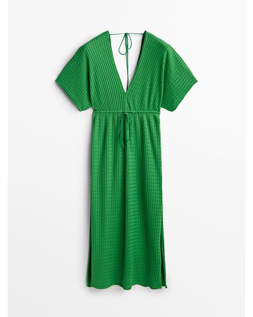 MASSIMO DUTTI Short Sleeve Green Dress With Openwork Lyst