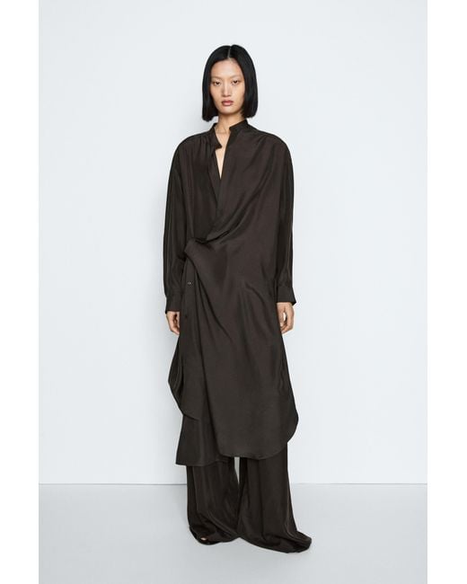 MASSIMO DUTTI Black 100% Silk Midi Dress With Closure Detail
