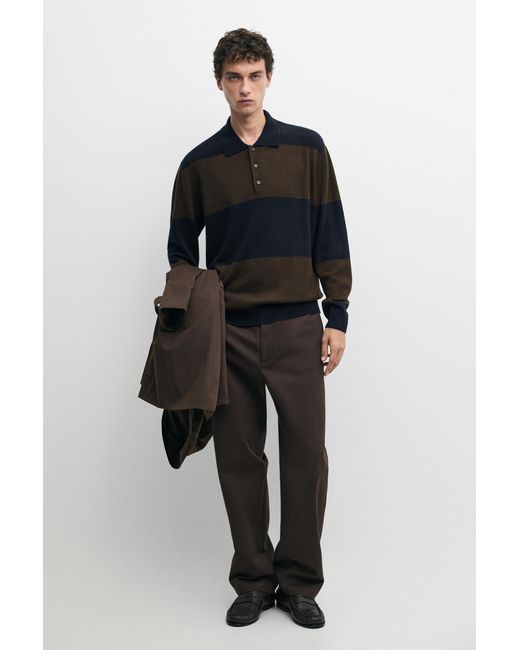 MASSIMO DUTTI Black Striped Wool-Blend Knit Polo Sweater for men