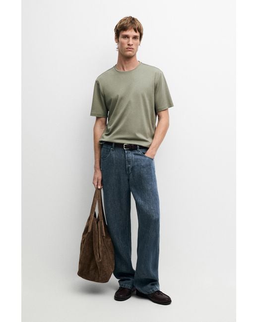 MASSIMO DUTTI Blue Short Sleeve Cotton Blend T-Shirt for men