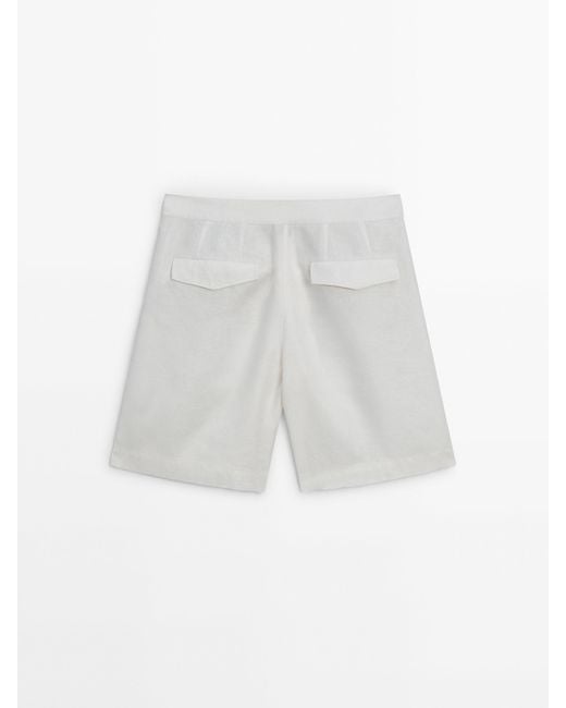 MASSIMO DUTTI White 100% Linen Bermuda Shorts With Double Darts