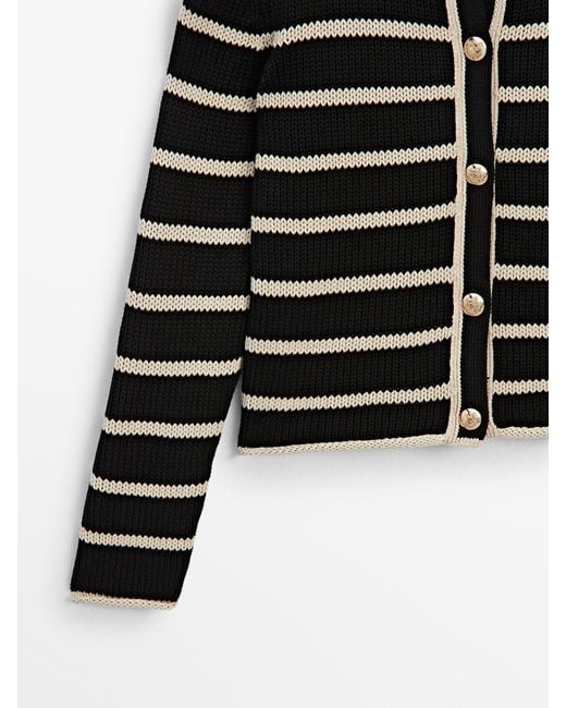 MASSIMO DUTTI Black Striped Knit Cardigan With Golden Buttons