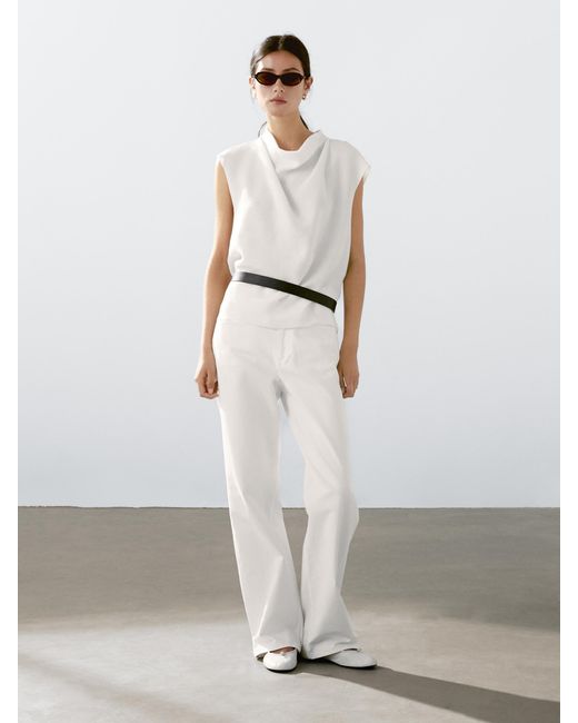 Blusa Fluida Cuello Drapeado MASSIMO DUTTI de color White