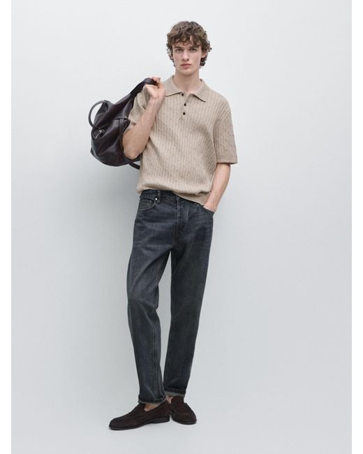 MASSIMO DUTTI White Cotton Cable Knit Polo Jumper for men