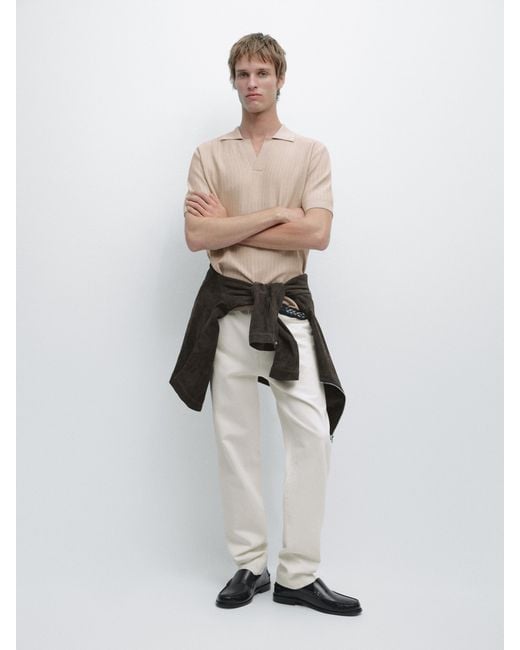 MASSIMO DUTTI White Jacquard Knit Polo Sweater for men