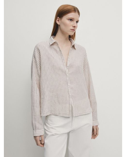 MASSIMO DUTTI White 100% Linen Cropped Striped Shirt