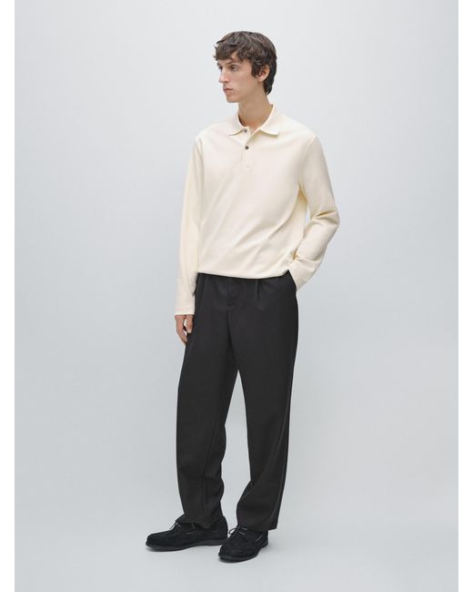 MASSIMO DUTTI White Long-Sleeved Polo Shirt With Ribbed Detail for men