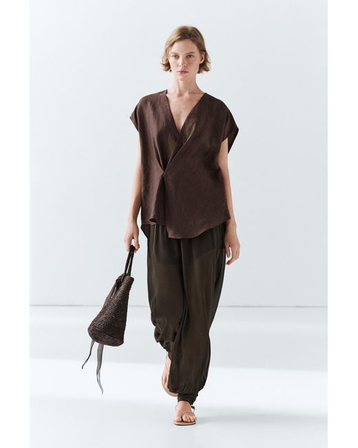 MASSIMO DUTTI Black Fluid Linen Blend Crossover Kimono