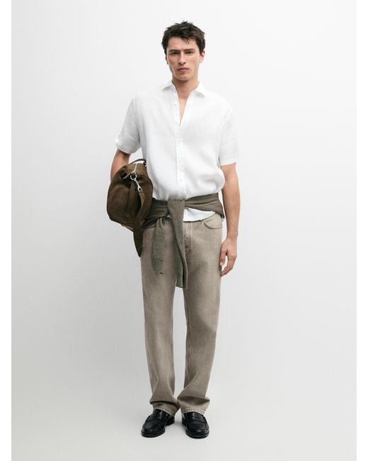 MASSIMO DUTTI White Regular Fit 100% Linen Short Sleeve Shirt for men
