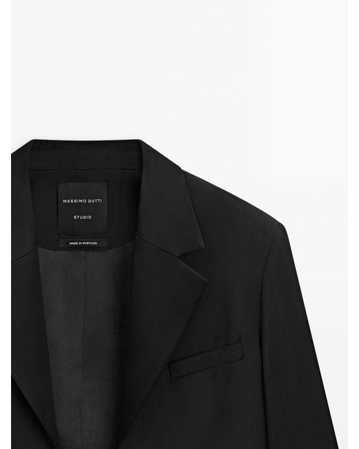 MASSIMO DUTTI Black Cropped Suit Blazer With Satin Lapels